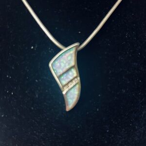 925 Sterling Silver White Opal Inlay Pendant Necklace 16” Snake Chain